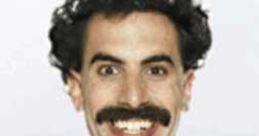 Borat's iconic smile and distinctive mustache in a light gray suit, capturing his hilarious personality and charm.