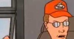 Dale Gribble in a red cap and sunglasses, passionately expressing his conspiracy theories in front of a window.