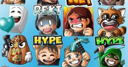 Colorful collection of gaming emotes featuring expressive characters and popular phrases like "HYPE," "REKT," and "GG.