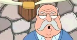 Grumpy character from Family Guy with a thick mustache, wearing a blue sweater, set against a rustic stone backdrop.