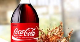 Coca-Cola bottle beside a glass filled with fizzy drink, showcasing refreshing splashes and vibrant colors.