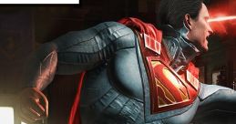 Superman in action, showcasing strength and intensity, with a bold red cape and striking blue suit in a suspenseful scene.