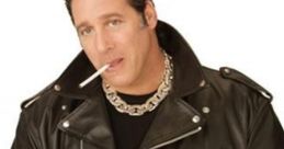 Andrew Dice Clay in a black leather jacket, smoking a cigarette, showcasing his iconic tough look and rockstar attitude.