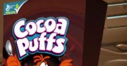 Colorful Cocoa Puffs cereal box with mascot; a vibrant display of chocolatey puffs and a playful character inviting enjoyment.