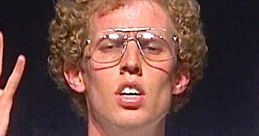 Napoleon Dynamite character with curly hair wearing a "Vote for Pedro" shirt, looking determined during a school presentation.