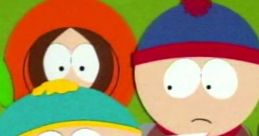 Cartman from South Park interacts with Stan and Kenny in a colorful classroom setting, showcasing their unique personalities.