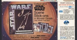 Count Chocula cereal box featuring a Star Wars sticker promotion, showcasing collectible scene stick-ons and cash refund offer.