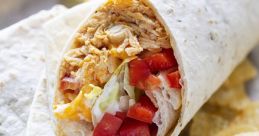 Savory chicken wrap with lettuce, tomatoes, and cheese, served with crispy potato chips on a metal tray.