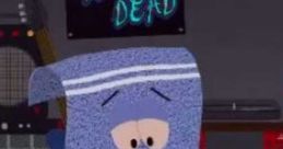 Towelie from South Park smoking while sitting on a bed, showcasing his laid-back personality and humorous antics.