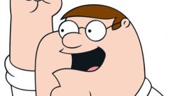 Peter Griffin enthusiastically celebrates with a raised fist, showcasing his characteristic humor and animated personality.