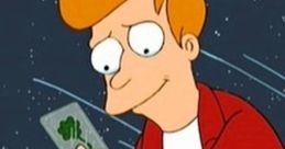 Fry from Futurama gazes happily at a dollar bill under a night sky, showcasing his quirky and optimistic personality.