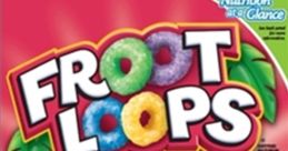 Colorful Froot Loops cereal box featuring reduced sugar and nutrition highlights, with a playful toucan character.