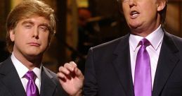 Alec Baldwin performs a comedic skit portraying Donald Trump, featuring matching suits and vibrant purple ties.