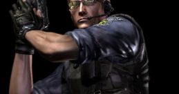 Albert Wesker in tactical gear aiming a gun, showcasing his iconic look from the Resident Evil series. Action-packed scene.