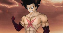 Luffy in Gear transformation, showcasing a muscular form with intense expression against a dramatic background.