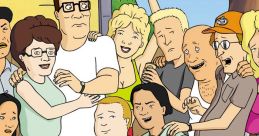 Hank Hill and the cast of King of the Hill gather happily outdoors with friends and a dog in a vibrant cartoon scene.