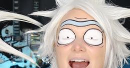 Cosplay of Morty with exaggerated facial expressions, vibrant white hair, and creative body paint design showcasing his iconic features.