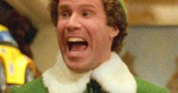 Will Ferrell laughing joyfully in a green elf costume, portraying Buddy from "Elf," capturing the holiday spirit.