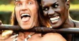 Arnold Schwarzenegger and Grace Jones share a playful moment, showcasing their iconic roles in the 1985 film "Conan the Destroyer.