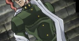 Kakyoin stands confidently in a green outfit, exuding determination against a mysterious backdrop.