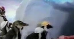 Penguins excitedly gather around a whimsical ice cream bar in a snowy landscape, promoting Goldrush ice cream.