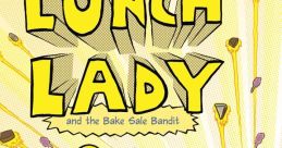 Action-packed cover of "Lunch Lady and the Bake Sale Bandit," featuring a heroic lunch lady on a scooter surrounded by flying food.