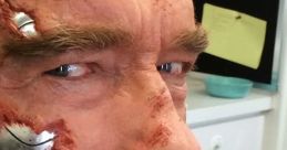 Arnold Schwarzenegger close-up with dramatic makeup effects, featuring scars and metal pieces, inspired by prank call themes.