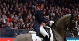 Dressage rider elegantly guiding a horse in front of an engaged audience, showcasing equestrian skills at a competition.