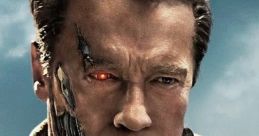 Arnold Schwarzenegger as the iconic cyborg with a damaged face and red eye, showcasing his role in sci-fi cinema.