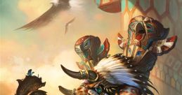 Powerful World of Warcraft character wielding a hammer, adorned with tribal masks and vibrant feathers in a mystical landscape.