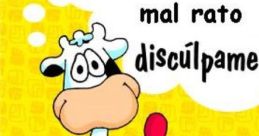 Cartoon cow holding a flower, apologizing in Spanish for a bad moment, bright yellow background with playful text.