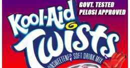 Kool-Aid Twists advertisement featuring a playful design with political themes and vibrant colors. Refreshing drink mix.