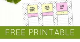 Free printable Ta-Da list to celebrate daily wins with fun prompts like 'Nice work me!' and 'Yeah you did!