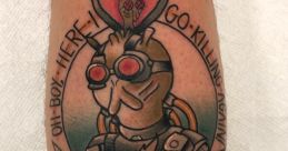 Tattoo of Krombopulos Michael holding a laser gun, surrounded by flowers and the phrase "Oh Boy: Here I Go Killing Again.