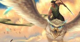 Epic fantasy scene featuring a warrior with a bow and a rider on a giant eagle soaring through colorful clouds.