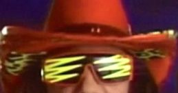 Macho Man in vibrant orange hat and neon sunglasses, promoting Slim Jim snacks with bold energy and charisma.