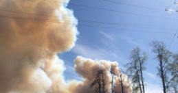 Thick smoke billowing from a wildfire against a bright blue sky, with charred trees and green fields in the foreground.