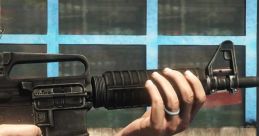 A character holds an assault rifle, ready for action in an urban setting with a car nearby.