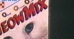 Meow Mix cat food advertisement featuring a white cat with striking blue eyes and a bowl of dry cat food.