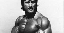 Sylvester Stallone showcasing impressive muscular physique, emphasizing strength and determination in a classic black and white shot.