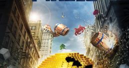 Pixelated characters and heroes battle in a vibrant cityscape from the movie 'Pixels' featuring Adam Sandler's comedic talent.