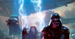 Darth Vader battles alongside Emperor Palpatine, wielding lightsabers amid chaos and lightning in a Star Wars scene.