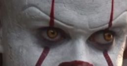 Pennywise from IT features menacing gaze, iconic red markings, and eerie smile, capturing the essence of fear.