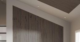 Stylish interior featuring acoustic wooden wall panels with modern design, enhancing sound quality and aesthetics.