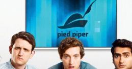 Four tech entrepreneurs seated around a table, with the Pied Piper logo displayed on a screen in a Silicon Valley office setting.