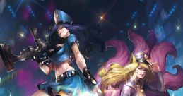 Dynamic characters from League of Legends showcasing vibrant outfits and magical powers in a colorful background.