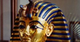 Golden burial mask of Tutankhamun, showcasing vibrant blue and gold details, symbolizing ancient Egyptian artistry.