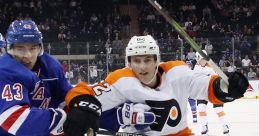 Intense NHL action as players from the Rangers and Flyers clash on the ice, showcasing the thrill of a slap shot moment.