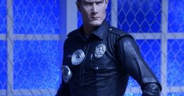 T-1000 action figure in police uniform, showcasing liquid metal arms and detailed police badge, inspired by Terminator 2.