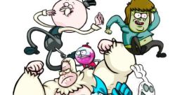 Colorful characters from "Regular Show" engaging in a humorous battle, showcasing the show's unique animation style and humor.